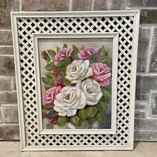 Vintage Original Oil Painting Canvas Bouquet Of Roses Flowers Signed 22" x 28"