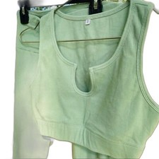 Matching Set Green Athletic Scoop Crop Top with Pant Leggings Small