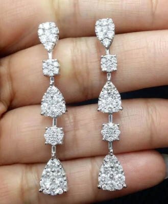 2Ct Round Cut Real Moissanite Lovely Long Drop Earrings 14K White Gold Plated