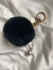 Black Pom Pom Keychain Purse Charm Car Key Fob Fluffy Soft Gold Clasp Pearl