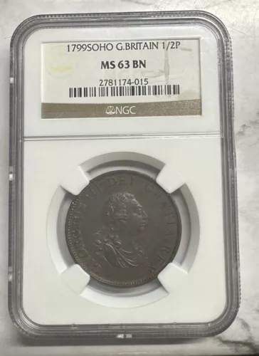 1799 SOHO Great Britain Half Penny Graded NGC MS 63 BN