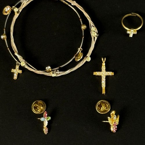 Vintage Christian Jewelry Set Girls OS Gold Cross Angel Communion Pins Ring