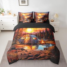 7 Pieces Camper Comforter Set Queen Size, Camping RV Bonfire Sunset Bedding S...