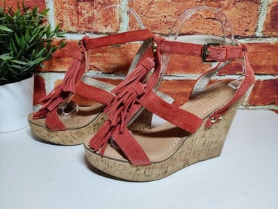 Guess DAMEN-PLATEAUSANDALEN UK 5 EU 38 ROSTROT VELOURSLEDER QUASTE KORK KEILABSATZ