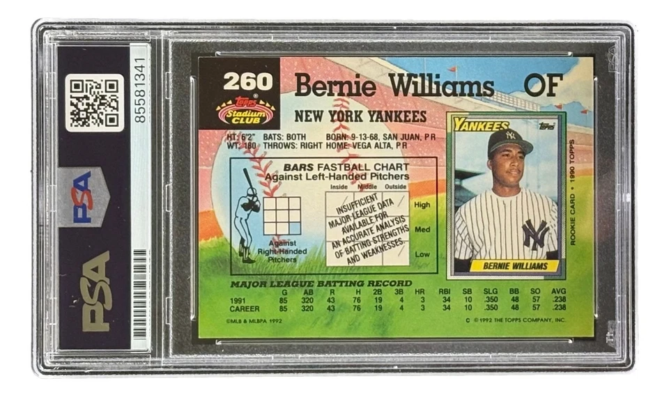 Tarjeta coleccionable firmada por Bernie Williams 1992 Topps Stadium Club #260 Yankees PSA Foto 2 de 2