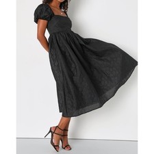 NWT Lulus Adorable Mood Black Floral Jacquard Puff Sleeve Babydoll Dress Large