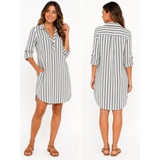 Mia Gabrielle Black White Striped 3/4 Sleeve Shirt Dress Womens Small Stretch