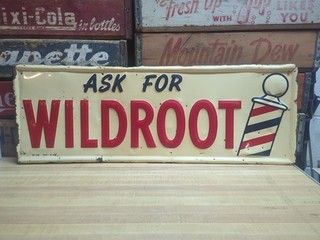 1956 Ask For Wildroot Barber Shop Embossed Metal Advertising Sign 10" x 28"