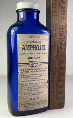 RARE COBALT JOHN WYETH PAPER LABEL MEDICINE BOTTLE ANTACID VINTAGE ANTIQUE 7''