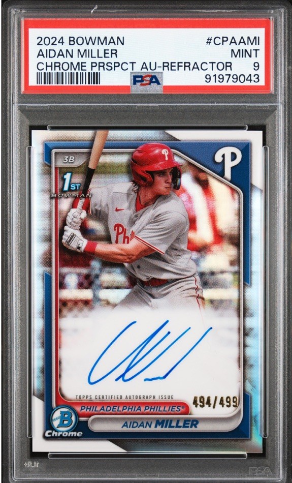 AIDAN MILLER 2024 BOWMAN CHROME REFRACTOR AUTO 1ST BOWMAN #d /499 PHILLIES