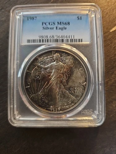 1987 Graded PCGS MS68 Silver EAGLE  Beautifully Toned Blue Label No Reserve!