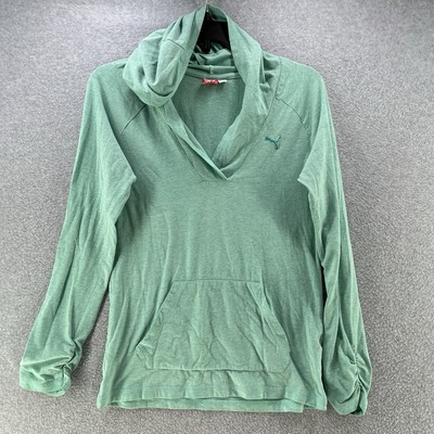 Puma Womens Pullover Sweater Small S Blue Hooded V-Neck Embroidered Logo Active 