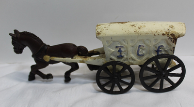 #ad Antique Vintage Cast Iron Horse Drawn Ice Wagon Carriage Buggy Toy $18.00