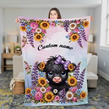 Personalized Highland Cow Fleece Blanket, Custom Baby Cow With Floral Soft Throw