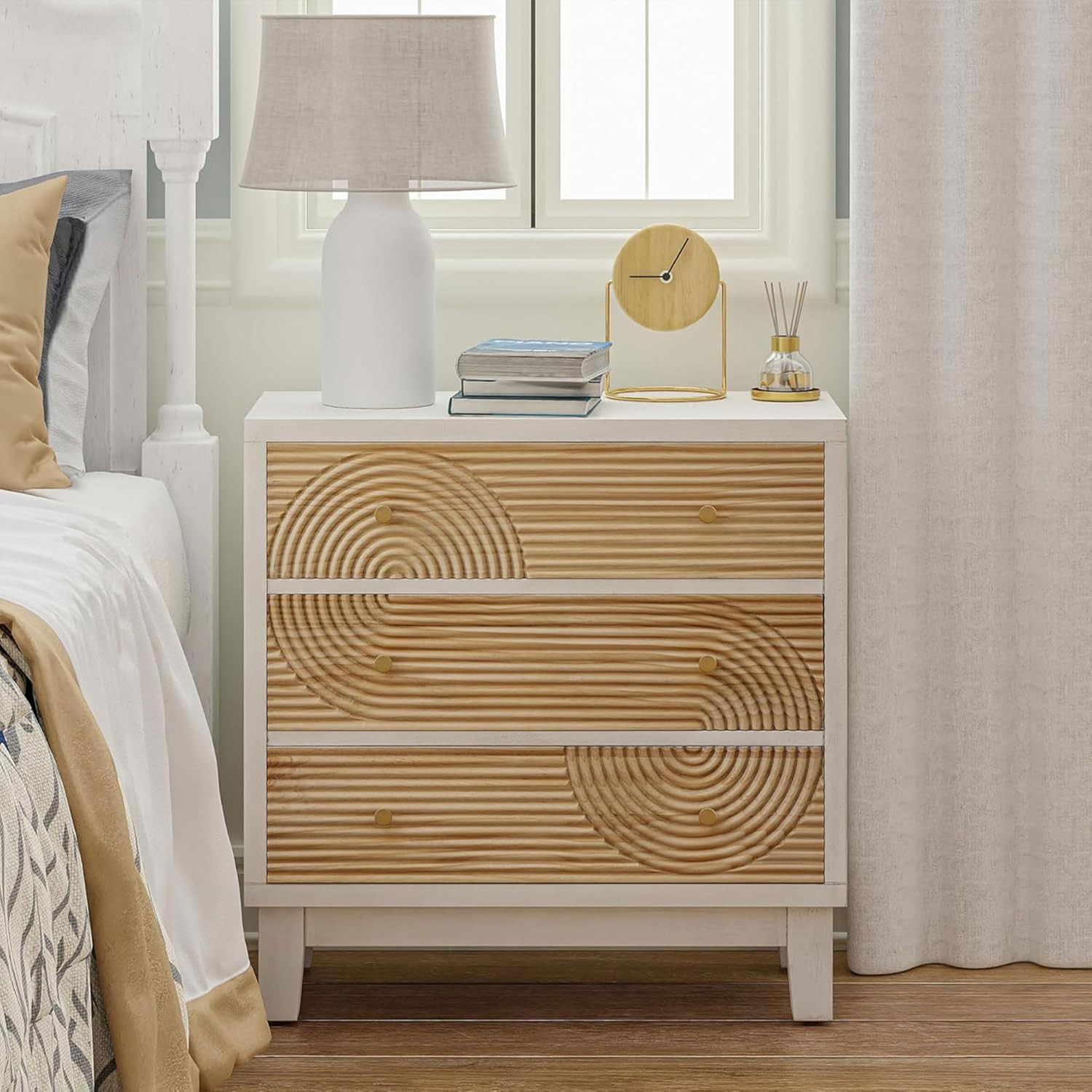 3-Drawer White Farmhouse Dresser with Rustic Wood Ring Motif, Fully Assembled