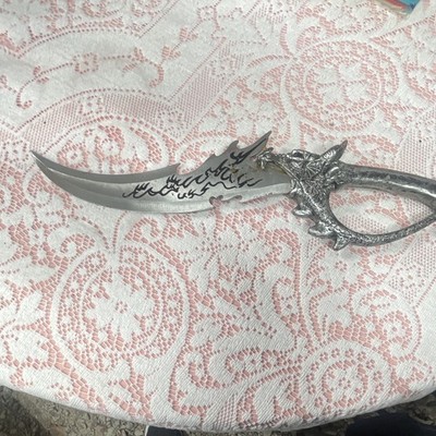Curved Stainless Steel Single-Edge Dagger, Silver/Black Metal Handle, Repro