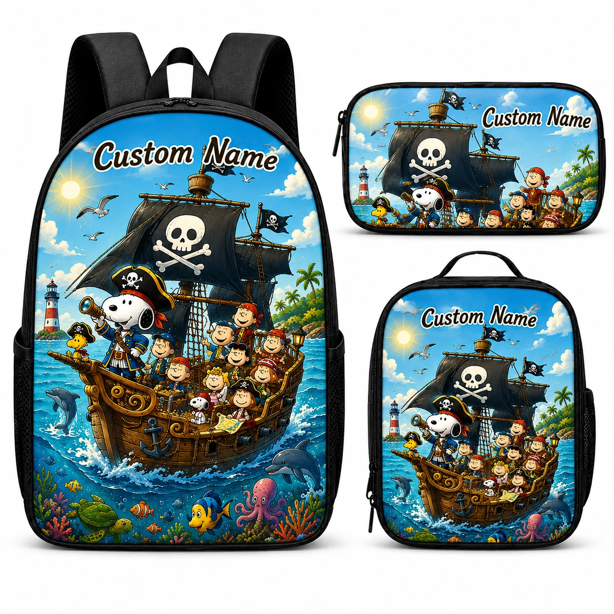 Personalized Ocean Pirate Puppy Backpack 3-Piece Set, Custom Name Kids School Backpack