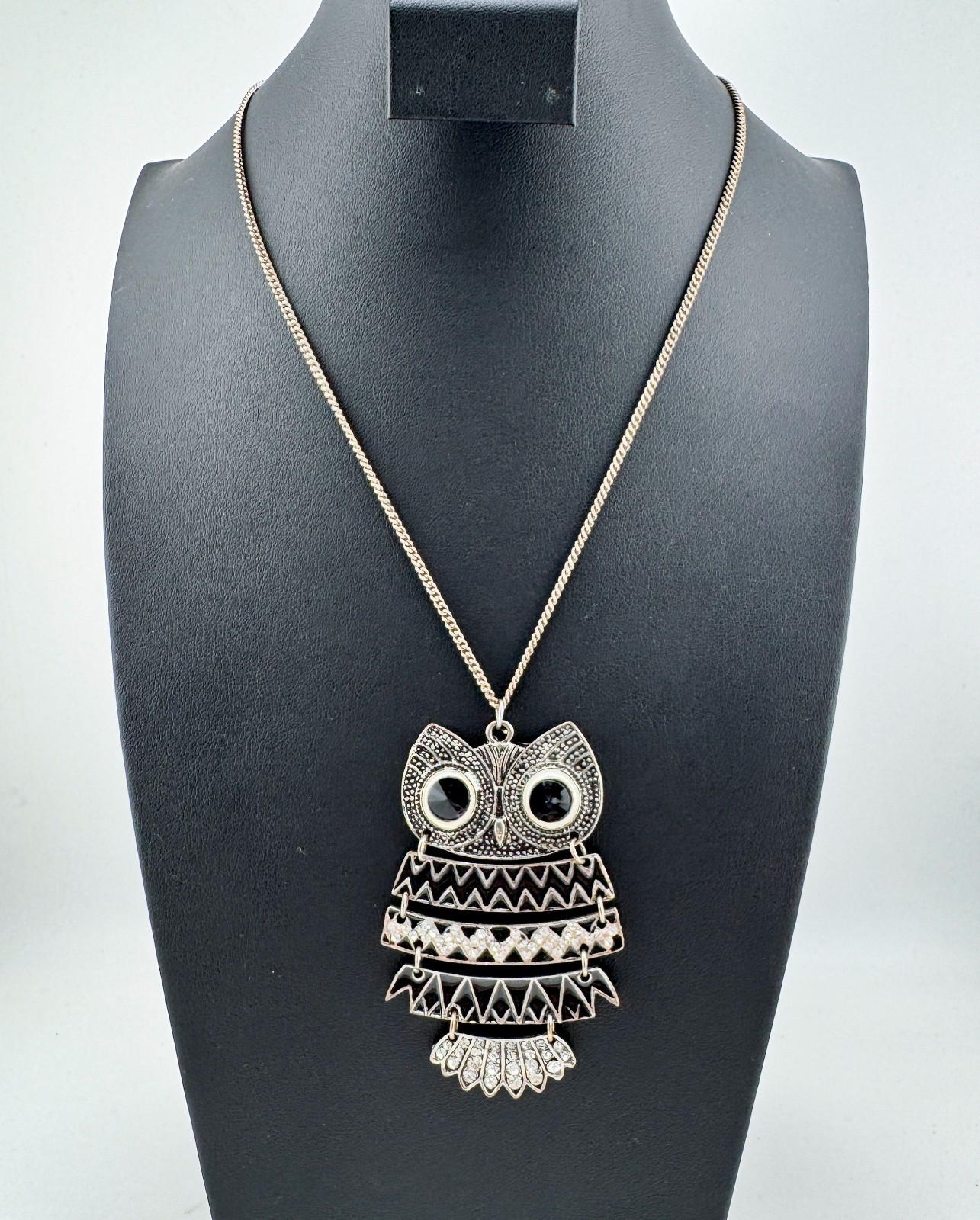 Vintage Art Deco Style Owl Pendant Necklace – Black Enamel & Rhinestone ...