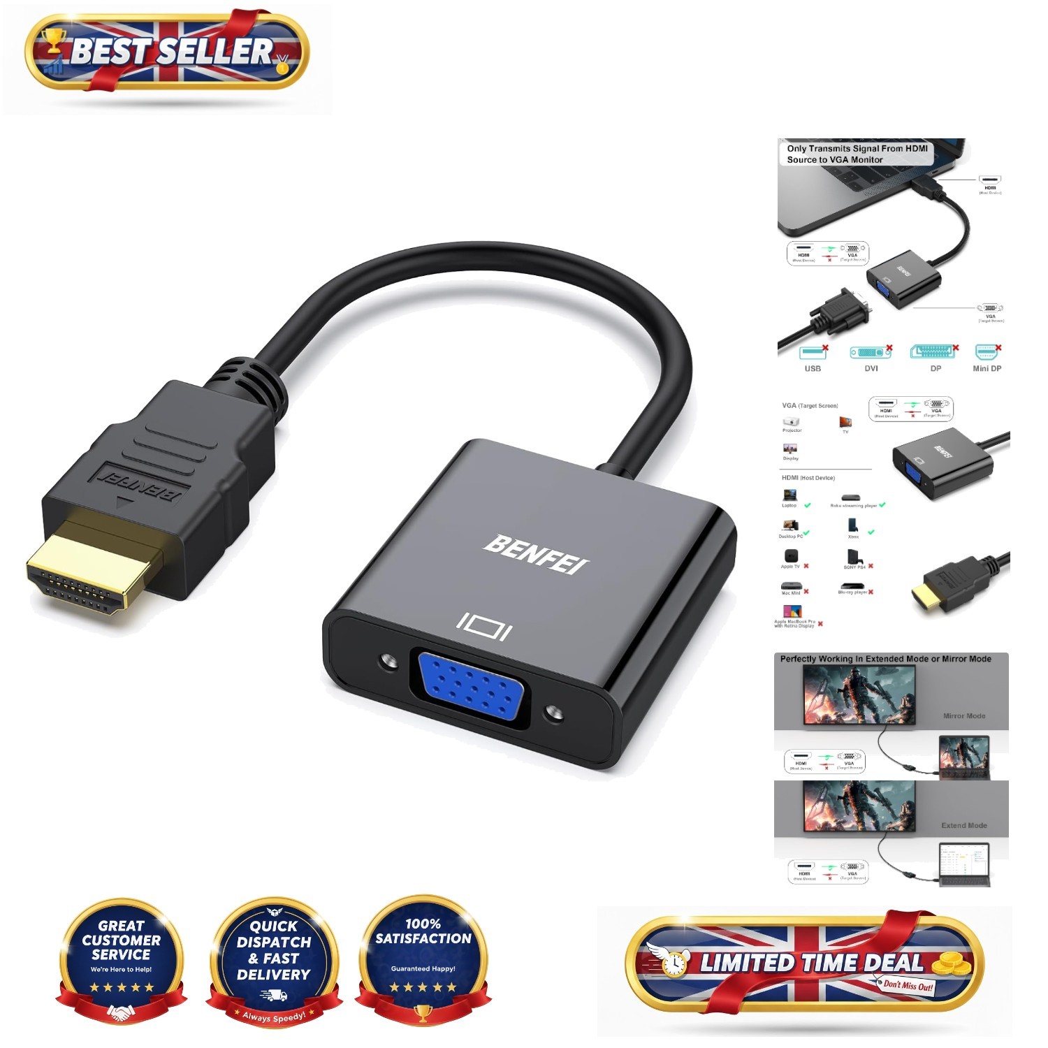 Portable HDMI to VGA Adapter for Laptop & Projector - 1920x1080 Performance