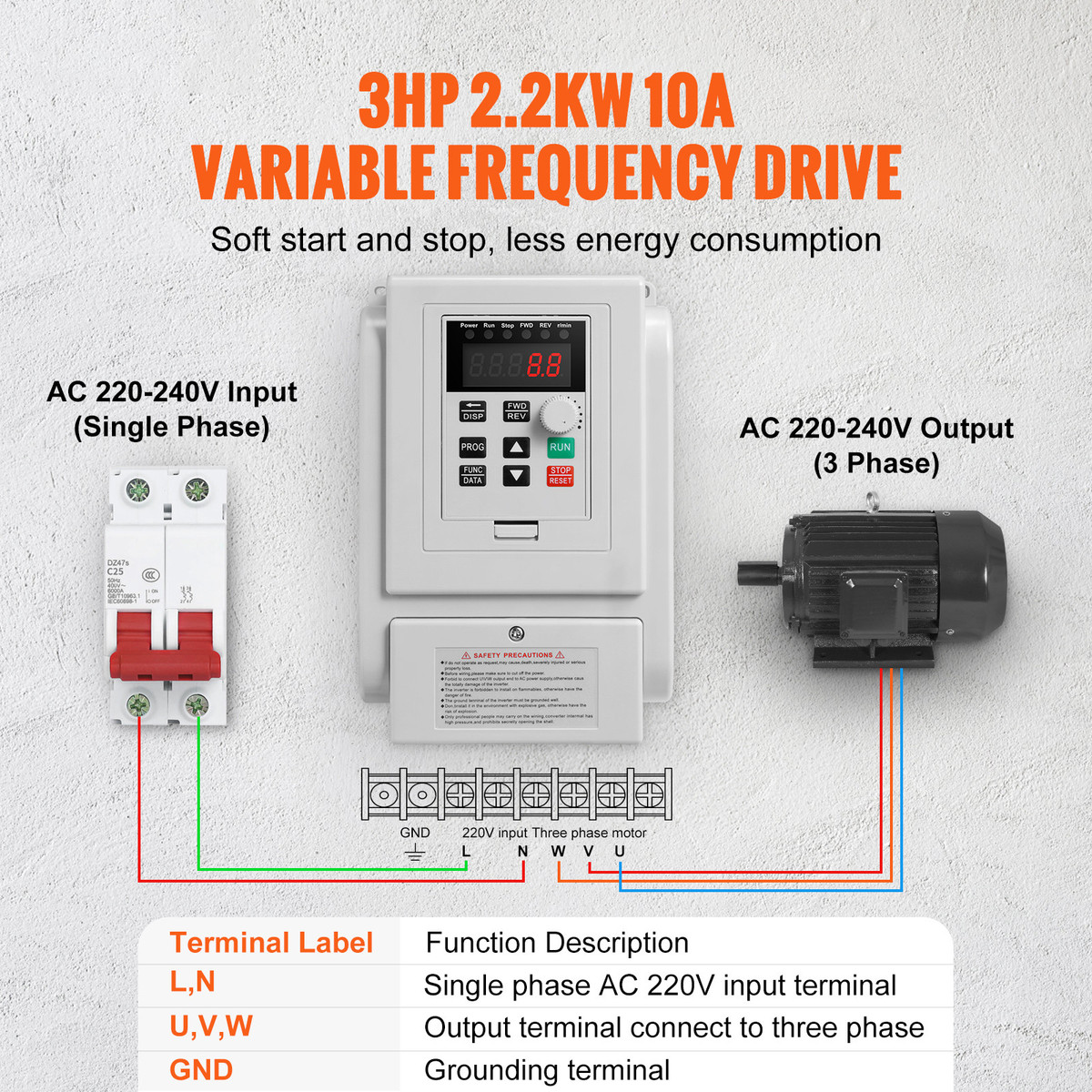 3HP 2.2KW 10A Variable Frequency Drive VFD for 3-Phase Motor 3HP 2.2KW 10A Variable Frequency Drive VFD for 3-Phase Motor