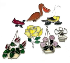 Lot of 7 Stained Glass Sun Catchers Window Hanging Flowers Potted Plants Birds