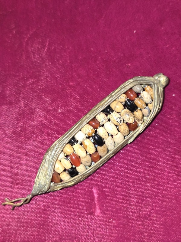 Indian Flint Corn Brooch With Stone Bead Kernels In Husk