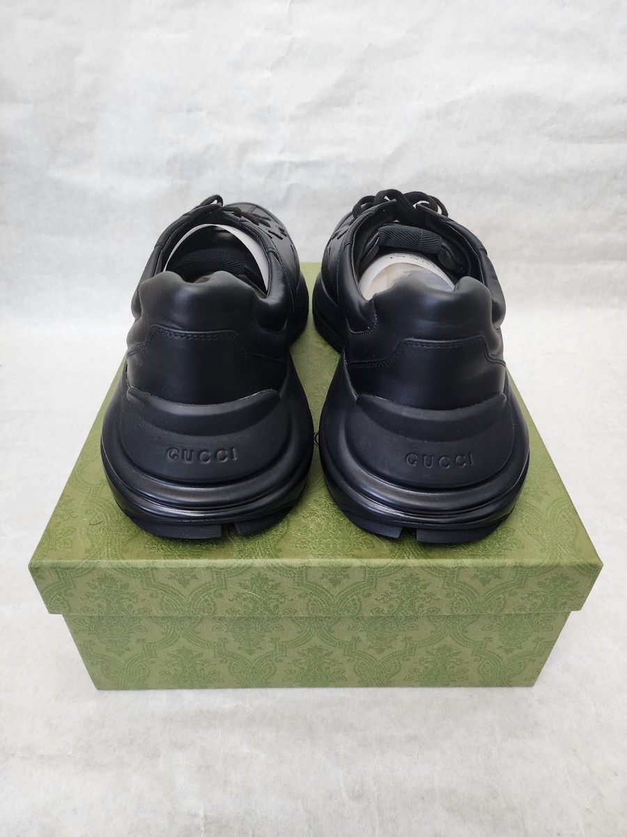 Gucci Black Rhyton Leather Sneakers With Side Interlocking GG Logo