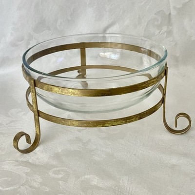 Clear Glass Centerpiece Bowl in Gold Metal Stand - Art Deco - Hollywood Regency