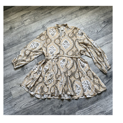 h&m cotton a line dress White/patterned Cotton Short Button-front Dress Round Neckline Sleveless Size: L