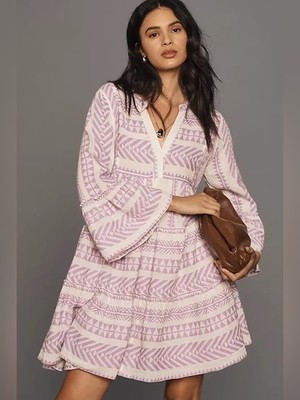 Devotion Twins Ella Embroidered Tunic Dress Lilac Off-White Boho Large