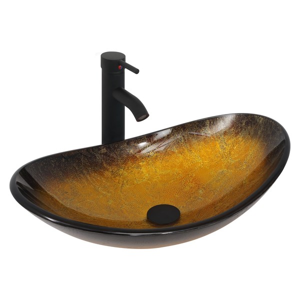 Waschbecken Aufsatzwaschbecken Oval Glas Bad Schwarz Gelb Waschschale Waschtisch-image