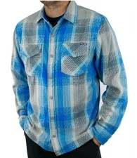 Pelagic Button Down Mens S Blue Plaid Quest Performance Flannel Shacket Fishing