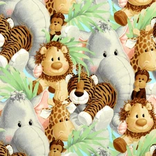 BTY Jungle Babies Monkey Elephant Lion Tiger Hippos Cotton Fabric By The Yard