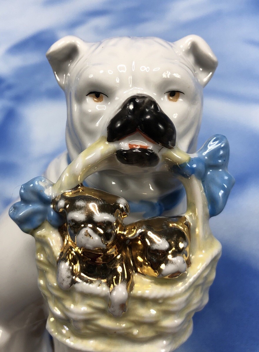 Antique Staffordshire Style Bulldog Figurine Basket of Puppies Antique Staffordshire Style Bulldog Figurine Basket of Puppies