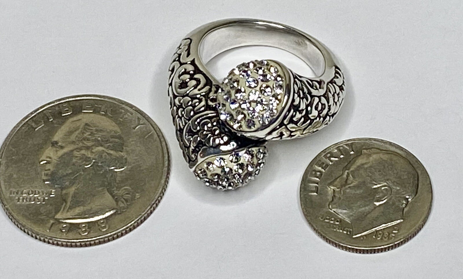 Sterling Silver Floral Scroll Bypass Ring Sparkin… - image 6