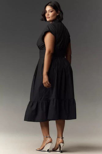 Anthropologie Short-Sleeve Pleated Shirt Dress Midi Shirtdress Black Size 2X NEW - Picture 5 of 6