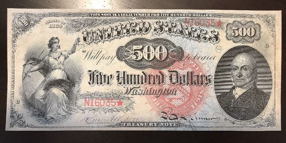 Reproduction $500 United States Fashion Note Lega New York Mall Adams John 1869 Quincy