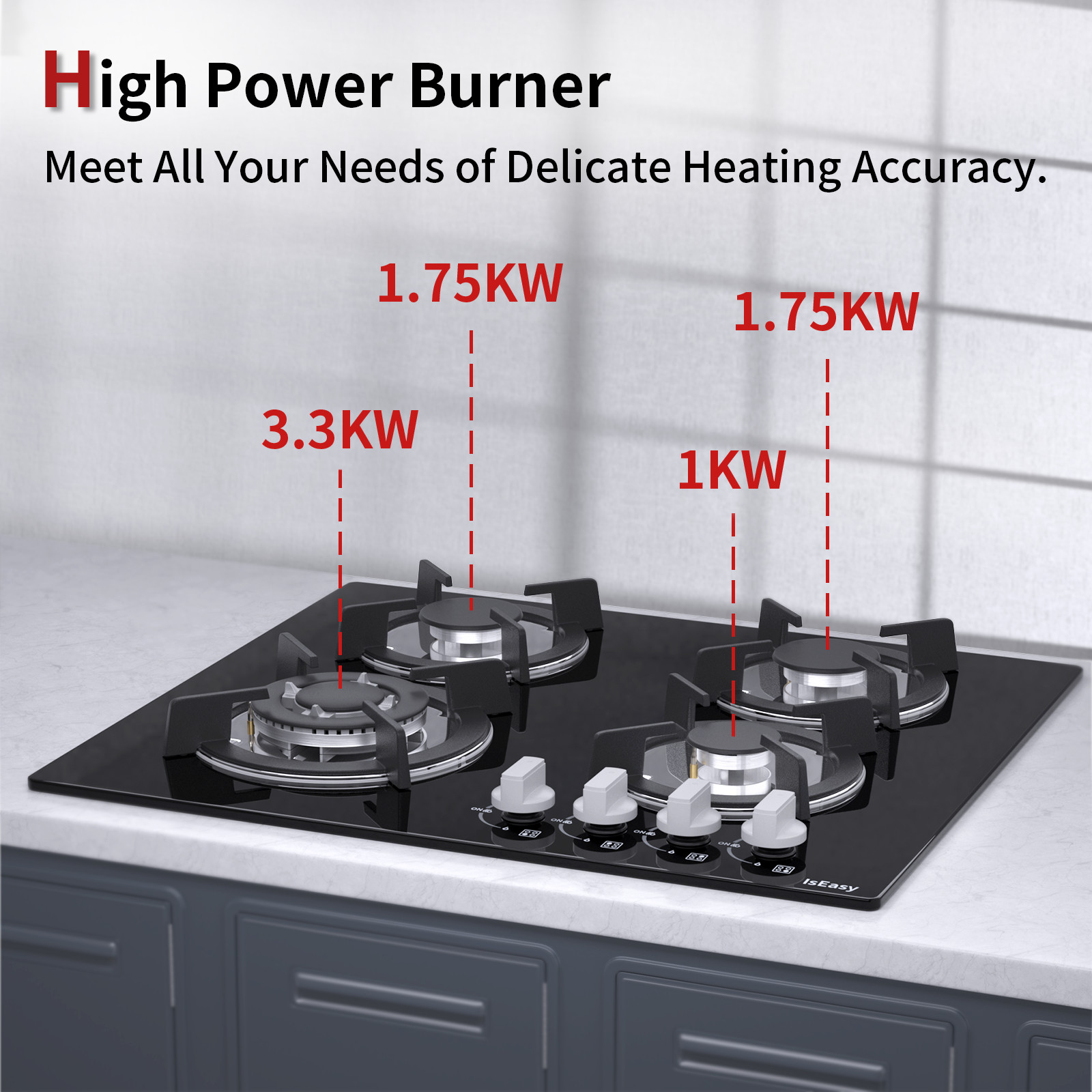 Piano cottura a gas 4 fuochi da 60 cm Vetro Nero Built-in...