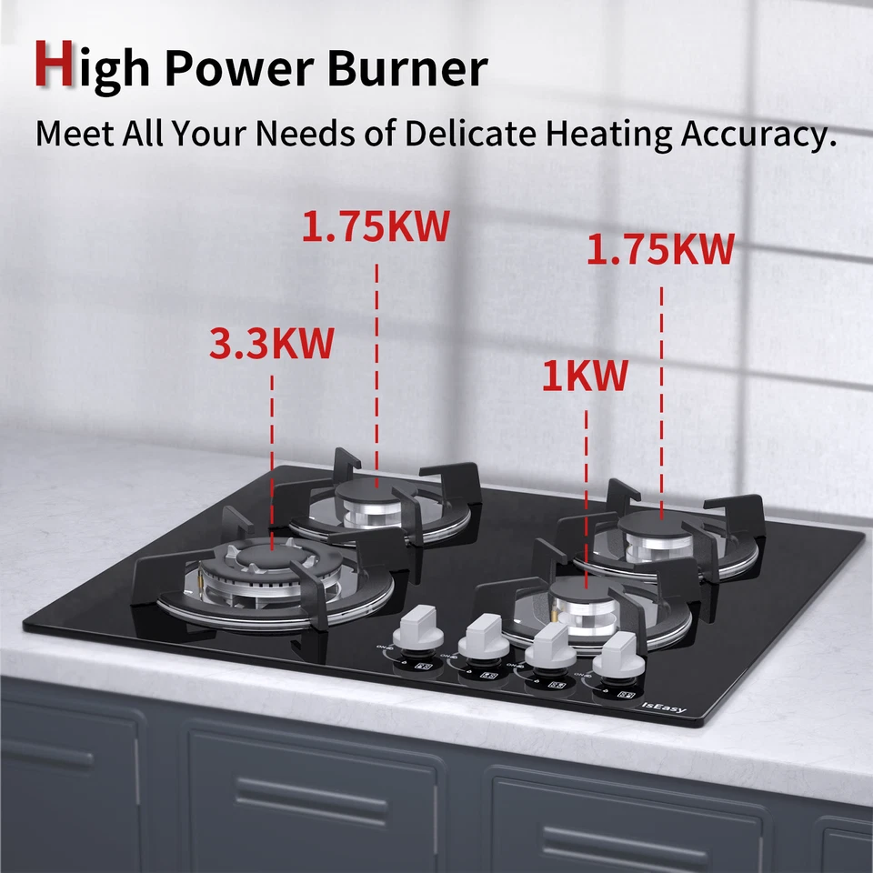 Piano Cottura 4 Fuochi a Gas 60 cm Vetro Nero Fornello da Incasso Gas naturale - Imagen 3 de 4