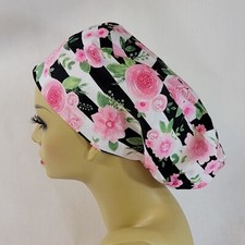 European Women Scrub Hat, Surgical Cap, Roses and Stripes, Nurses Hat, Medical