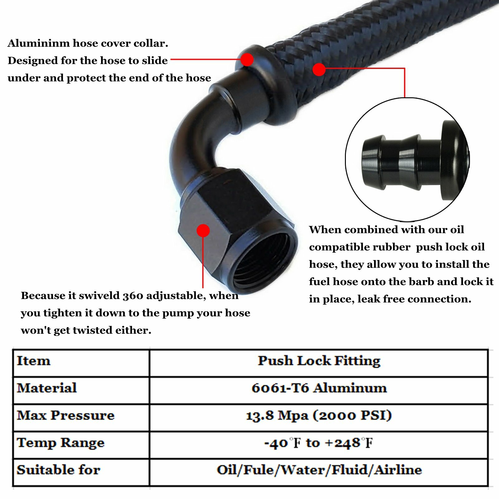 AN4/AN6/AN8/AN10/AN12 Push On Oil Fuel Line Hose End Fitting 0 45 90 180 Degree