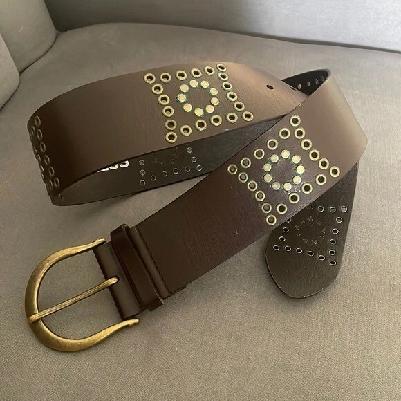 Express MARRÓN CUERO GENUINO LATÓN HEBILLA 2.25"W TACHONADO CORSÉ CINTURÓN MEDIANO Foto 2 de 4