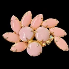 Vintage Pink Milk Glass & AB Rhinestones Brooch  Flower Petals 2 Inches