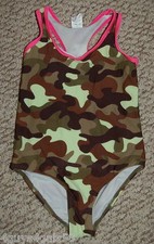Girls Swimsuit GREEN BROWN CAMOUFLAGE 1 Piece Racerback PINK TRIM Size XS 4-5