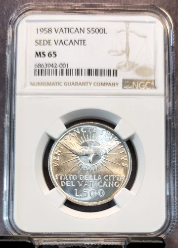 1958 VATICAN SILVER 500 LIRE S500L SEDE VACANTE NGC MS 65 GEM BU NICE LUSTER