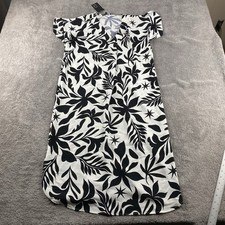 Fred David Dress Womens Plus Black White Leaf Print Dress Self Tie Belt