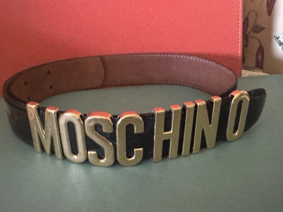 Moschino Leather Belt Womens XS 30 Blue Gold Coin Medallion Logo Luxury 75 ITALY 80s Moschino Redwall Belt, Wide Black Leather Belt, Gold  main image 3