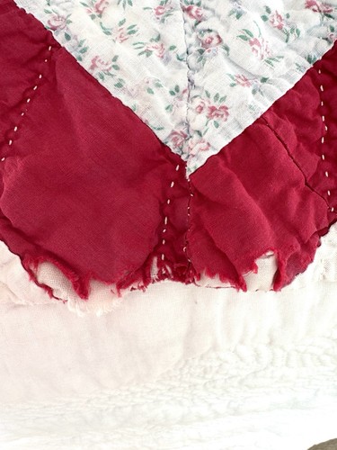 hand stitched vintage quilt 62”x72” Diagonal Block Red Light Blue - Picture 3 of 12