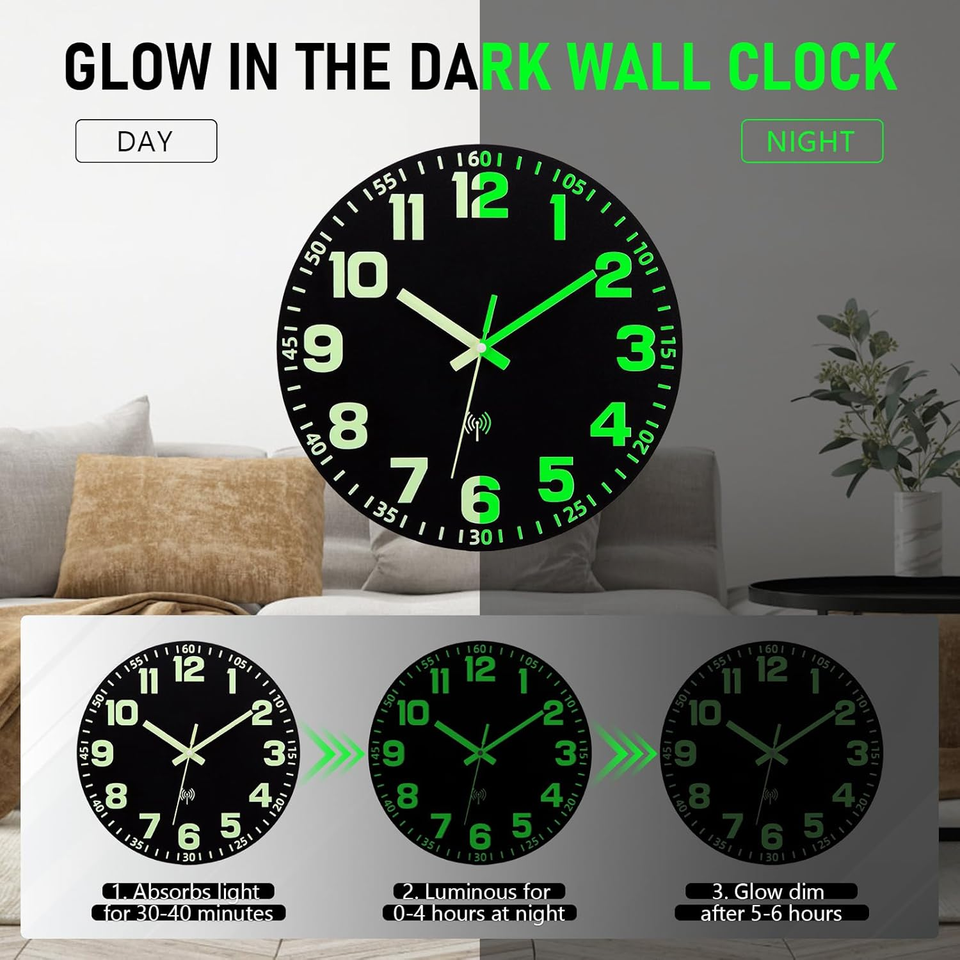 Orologio da parete per camera da letto, 30,5 cm, silenzioso, moderno, luce notturna da cucina, orologio da parete al neon per soggiorno, ufficio, camera dei bambini (grigio illuminato