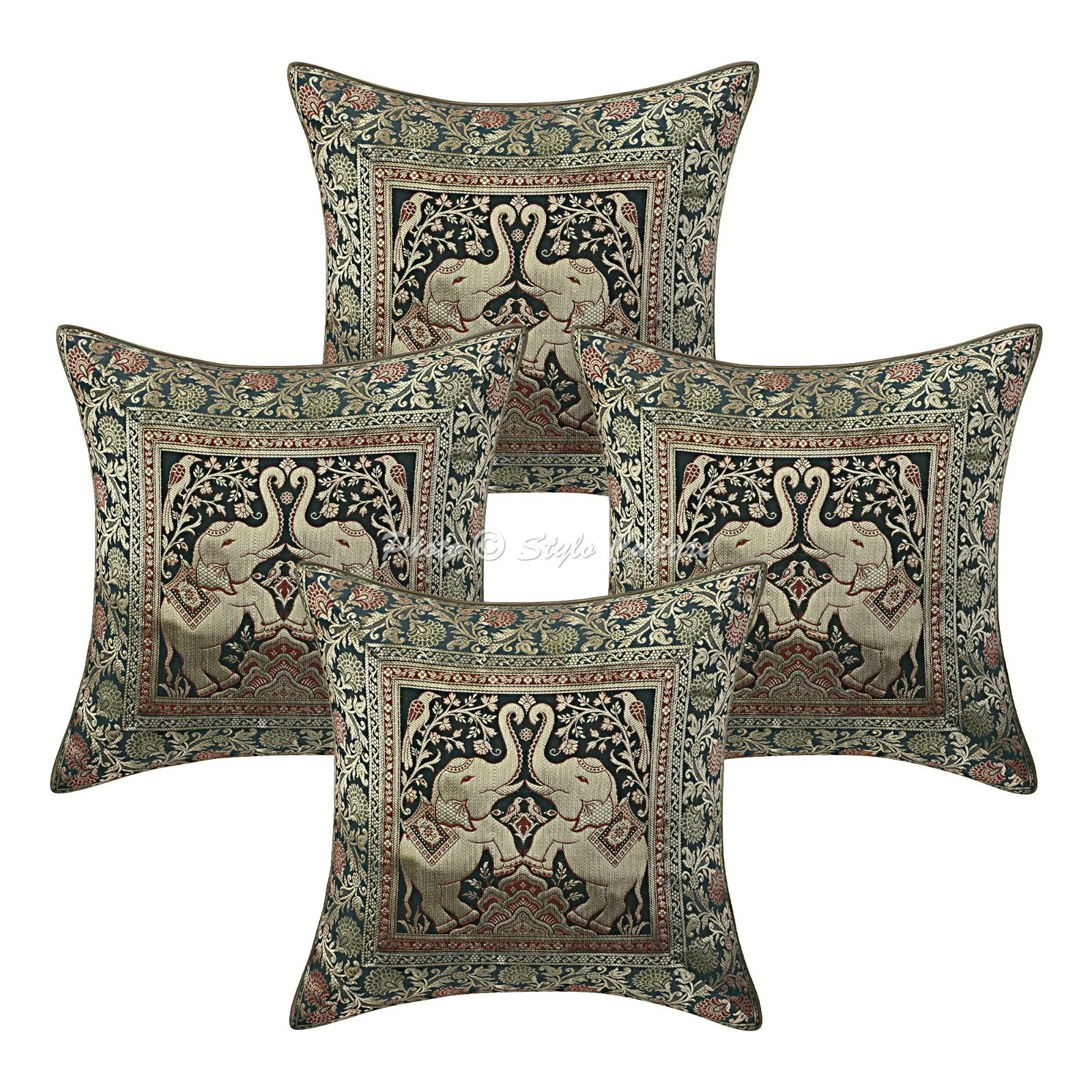 Decorative Square Throw Pillow Covers Brocade Elephant 40x40 cm Cushion Cover